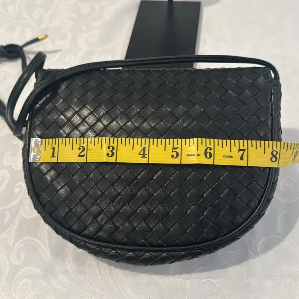 Black/Deep Green Woven Leather Crossbody Bag with Tassel